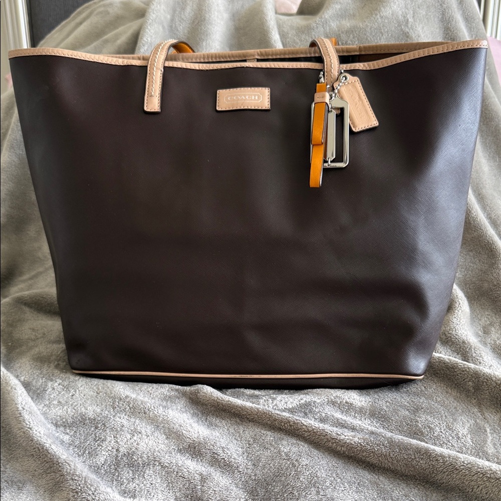 Coach Dark Brown Leather Tote with Tan Accents